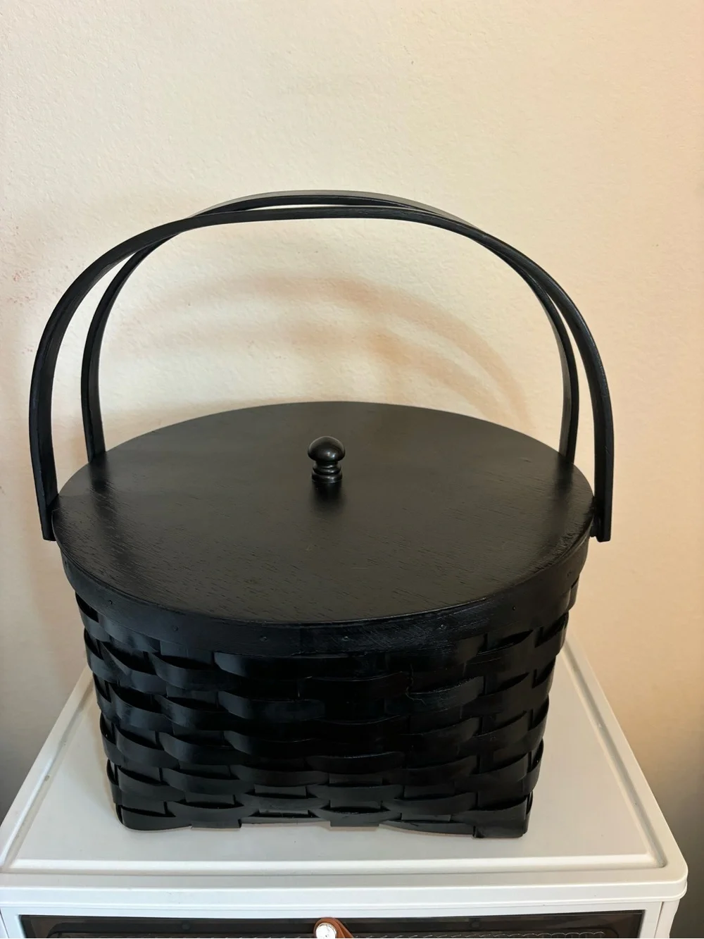 Vintage Amish Double Pie Woven Basket w/ Wood Lid, Fabric Liner & Swing Handles